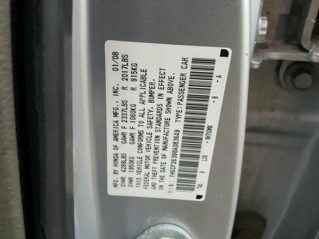 1HGCP26398A083649 - 2008 HONDA ACCORD SILVER photo 10