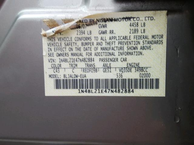 1N4BL21E47N482884 - 2007 NISSAN ALTIMA 3.5 GRAY photo 10