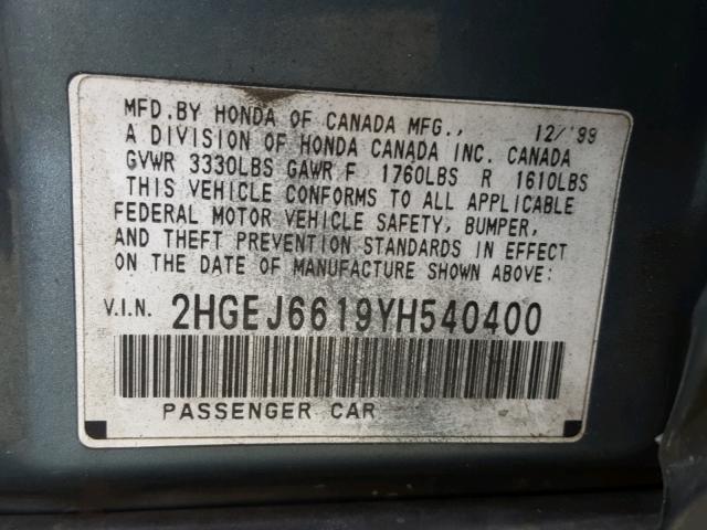 2HGEJ6619YH540400 - 2000 HONDA CIVIC BASE Yaşıl foto 10