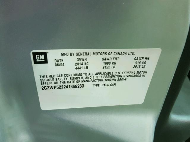 2G2WP522241369233 - 2004 PONTIAC GRAND PRIX SILVER photo 10