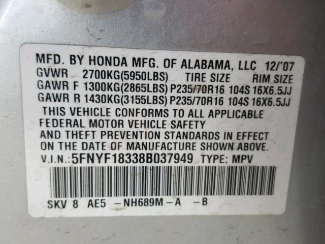 5FNYF18338B037949 - 2008 HONDA PILOT SE SILVER photo 10