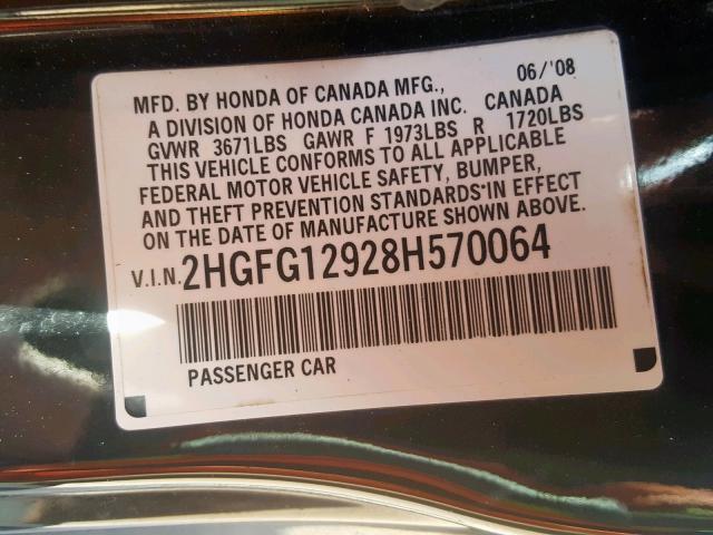 2HGFG12928H570064 - 2008 HONDA CIVIC EXL 黑色 照片 10