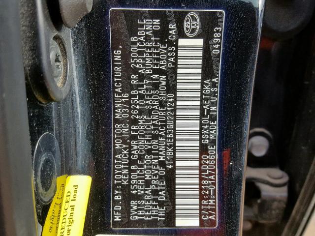 4T1BK1EB3GU221240 - 2016 TOYOTA AVALON XLE BLACK photo 10