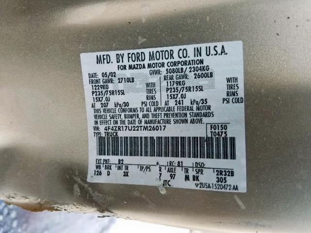 4F4ZR17U22TM26017 - 2002 MAZDA B3000 CAB GOLD photo 10