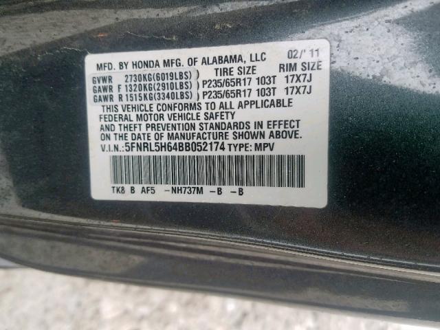 5FNRL5H64BB052174 - 2011 HONDA ODYSSEY EX GRAY photo 10