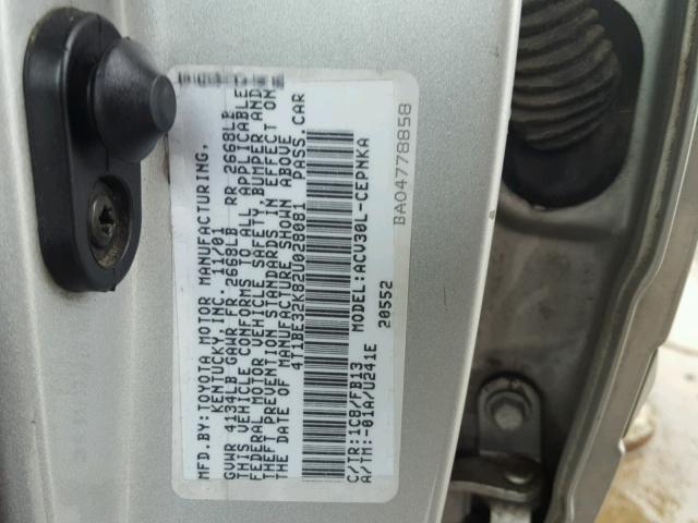 4T1BE32K82U028081 - 2002 TOYOTA CAMRY LE SILVER photo 10