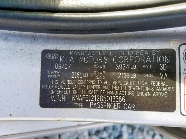 KNAFE121285013366 - 2008 KIA SPECTRA EX SILVER photo 10