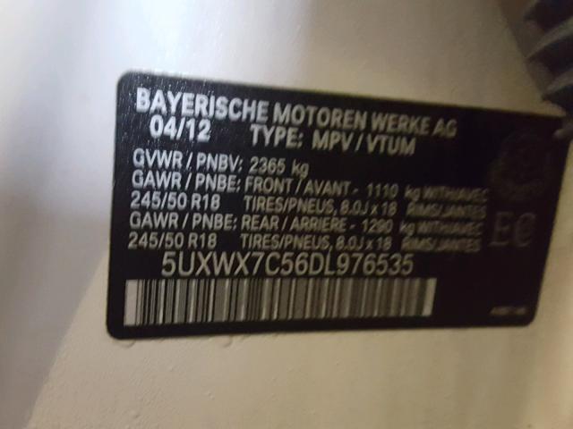 5UXWX7C56DL976535 - 2013 BMW X3 XDRIVE3 WHITE photo 10