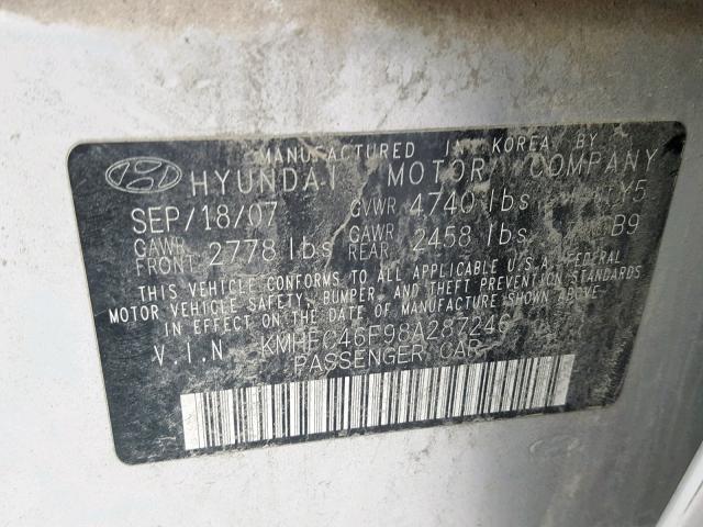 KMHFC46F98A287246 - 2008 HYUNDAI AZERA SE SILVER photo 10