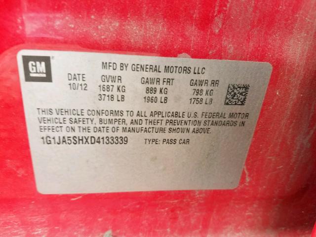 1G1JA5SHXD4133339 - 2013 CHEVROLET SONIC LS 红色 照片 10