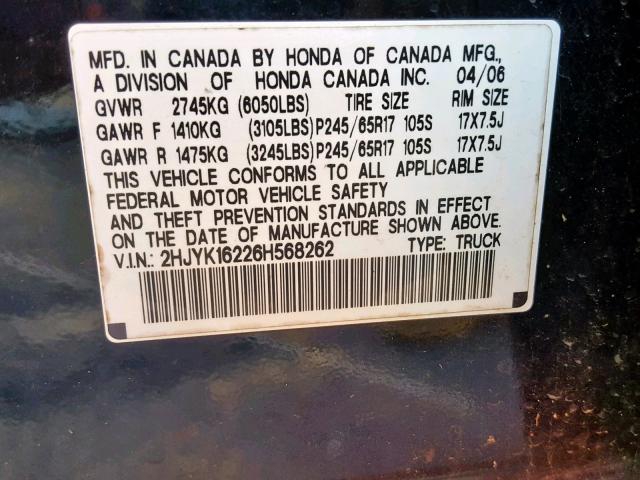 2HJYK16226H568262 - 2006 HONDA RIDGELINE BLACK photo 10