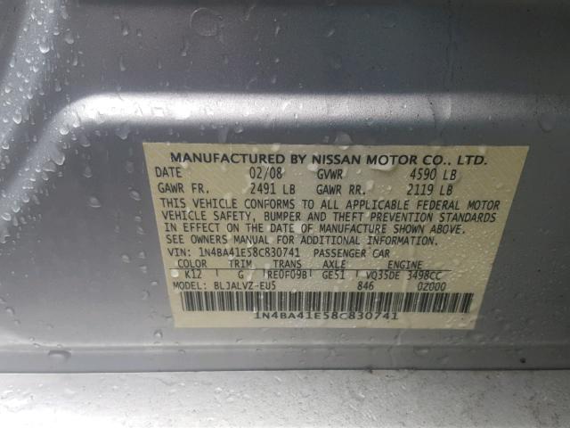 1N4BA41E58C830741 - 2008 NISSAN MAXIMA SE SILVER photo 10