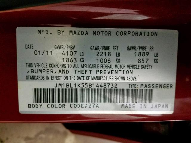 JM1BL1K55B1448732 - 2011 MAZDA 3 S RED photo 10