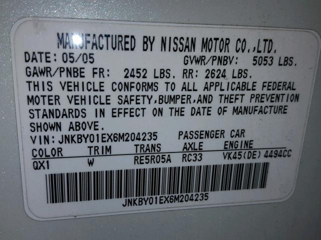 JNKBY01EX6M204235 - 2006 INFINITI M45 BASE WHITE photo 10