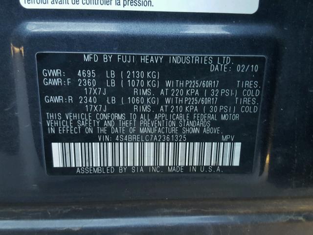 4S4BRELC7A2361325 - 2010 SUBARU OUTBACK 3. GRAY photo 10