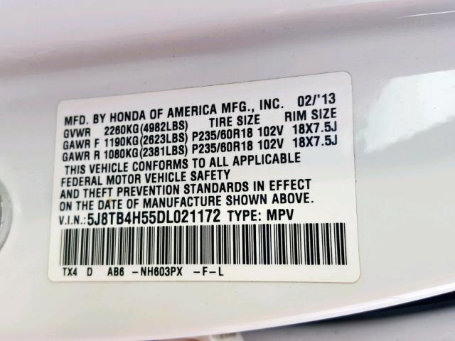 5J8TB4H55DL021172 - 2013 ACURA RDX TECHNO WHITE photo 10