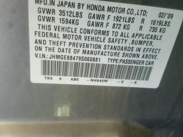 JHMGE88479S060881 - 2009 HONDA FIT SPORT SILVER photo 10