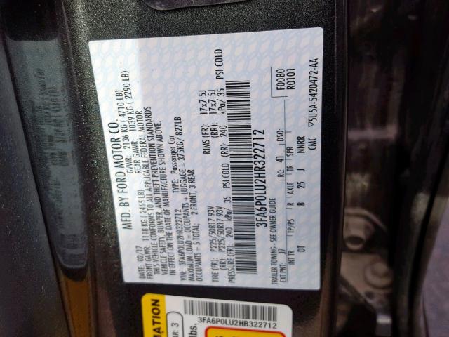 3FA6P0LU2HR322712 - 2017 FORD FUSION SE GRAY photo 10