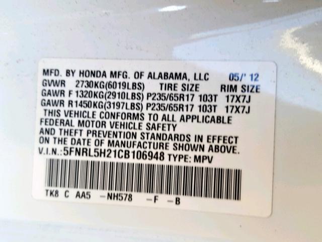 5FNRL5H21CB106948 - 2012 HONDA ODYSSEY LX WHITE photo 10