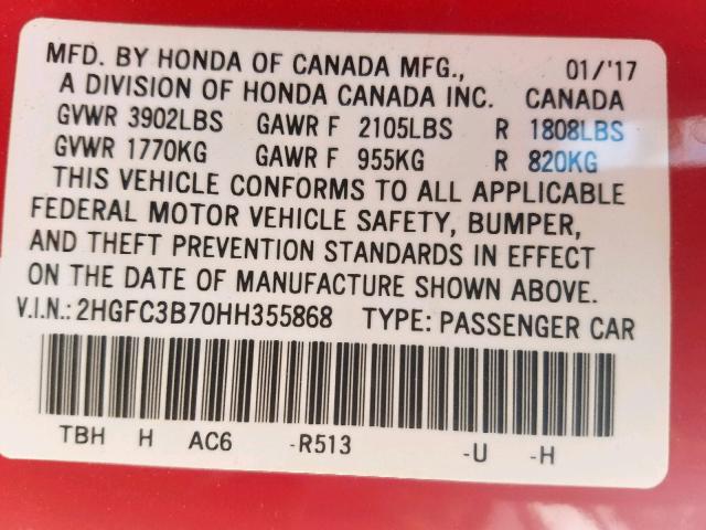 2HGFC3B70HH355868 - 2017 HONDA CIVIC EXL 红色 照片 10