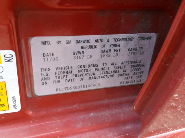 KL1TD56637B105406 - 2007 CHEVROLET AVEO BASE Qırmızı foto 10