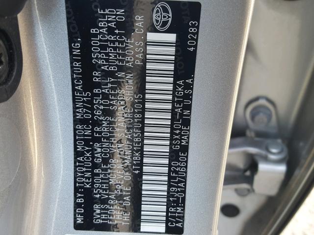 4T1BK1EB5FU181015 - 2015 TOYOTA AVALON XLE SILVER photo 10