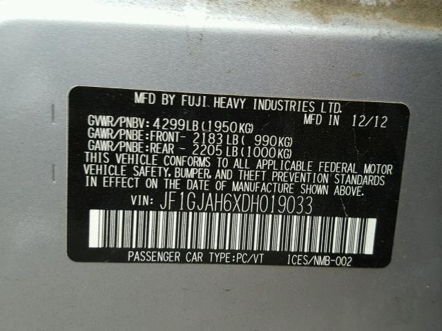 JF1GJAH6XDH019033 - 2013 SUBARU IMPREZA LI GRAY photo 10