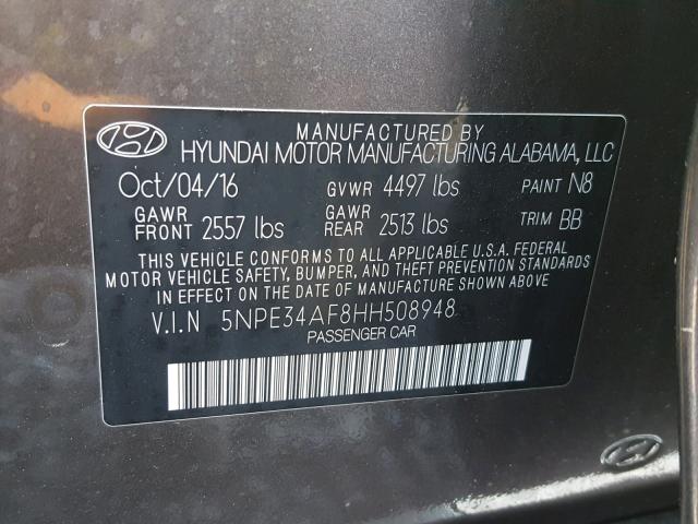 5NPE34AF8HH508948 - 2017 HYUNDAI SONATA SPO CHARCOAL photo 10