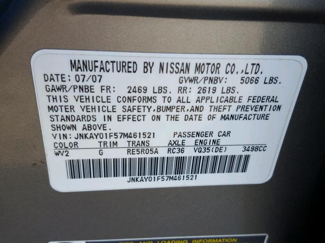 JNKAY01F57M461521 - 2007 INFINITI M35 BASE GRAY photo 10