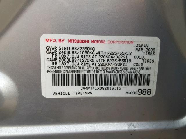 JA4MT41X08Z016115 - 2008 MITSUBISHI OUTLANDER SILVER photo 10