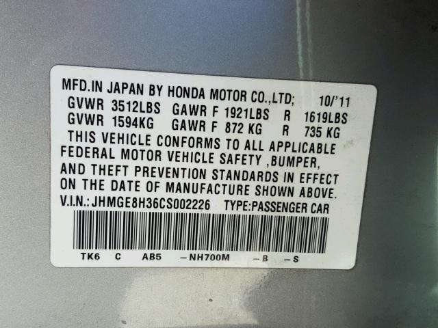 JHMGE8H36CS002226 - 2012 HONDA FIT GRAY photo 10