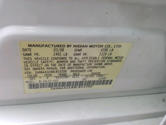 1N4BA41E88C833200 - 2008 NISSAN MAXIMA SE WHITE photo 10