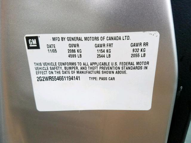 2G2WR554661194141 - 2006 PONTIAC GRAND PRIX SILVER photo 10