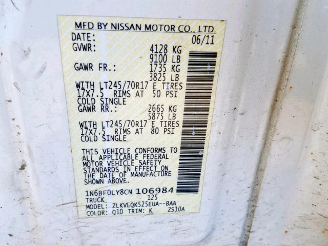 1N6BF0LY8CN106984 - 2012 NISSAN NV 2500 WHITE photo 10