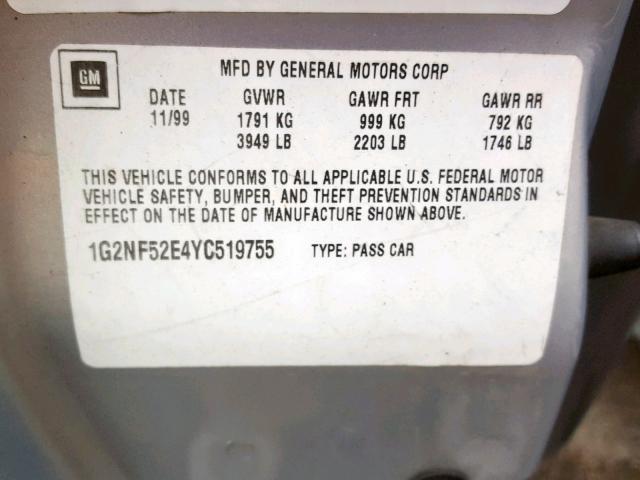 1G2NF52E4YC519755 - 2000 PONTIAC GRAND AM S GRAY photo 10