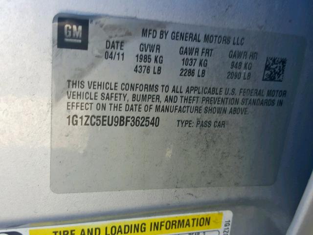 1G1ZC5EU9BF362540 - 2011 CHEVROLET MALIBU 1LT SILVER photo 10