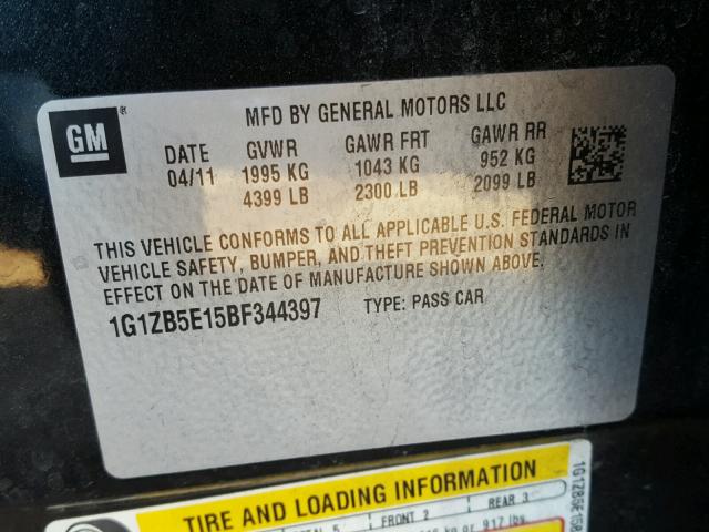 1G1ZB5E15BF344397 - 2011 CHEVROLET MALIBU LS შავი ფოტო 10