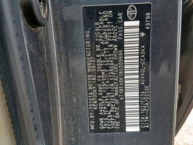 4T1BE46K18U209886 - 2008 TOYOTA CAMRY CE GRAY photo 10