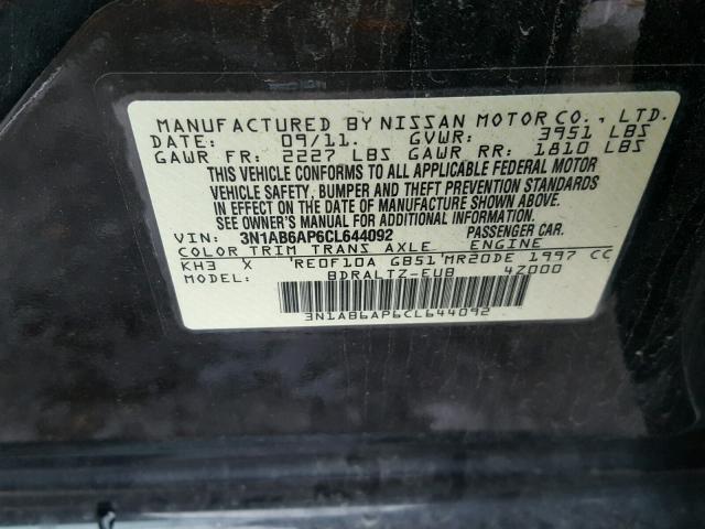 3N1AB6AP6CL644092 - 2012 NISSAN SENTRA 2.0 BLACK photo 10