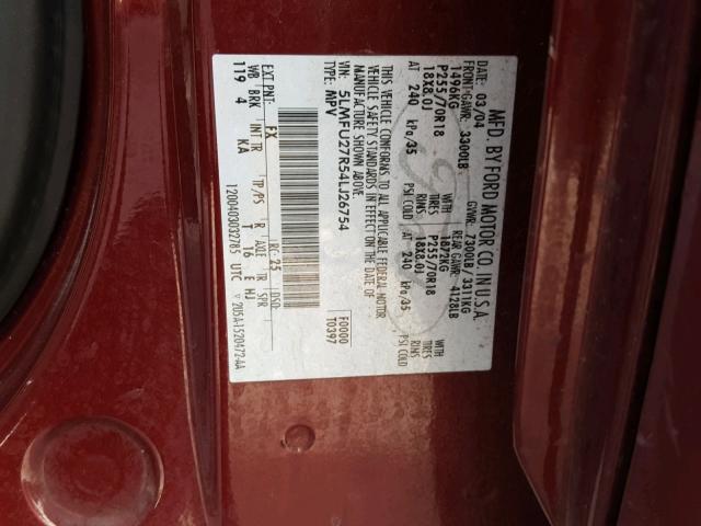 5LMFU27R54LJ26754 - 2004 LINCOLN NAVIGATOR მუქწითელი ფოტო 10