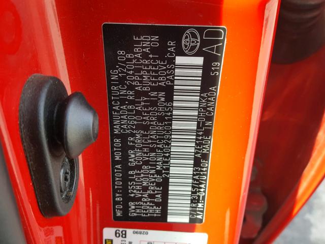 2T1LE40E29C011456 - 2009 TOYOTA COROLLA MA RED photo 10