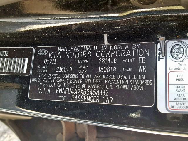 KNAFU4A2XB5458332 - 2011 KIA FORTE EX BLACK photo 10