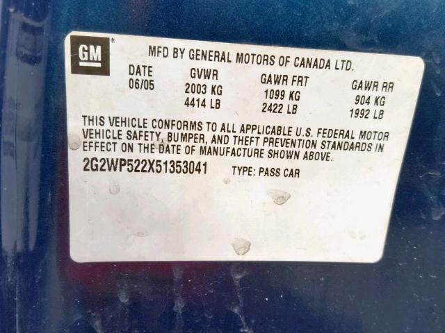 2G2WP522X51353041 - 2005 PONTIAC GRAND PRIX BLUE photo 10