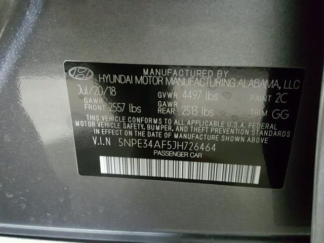 5NPE34AF5JH726464 - 2018 HYUNDAI SONATA SPO GRAY photo 10