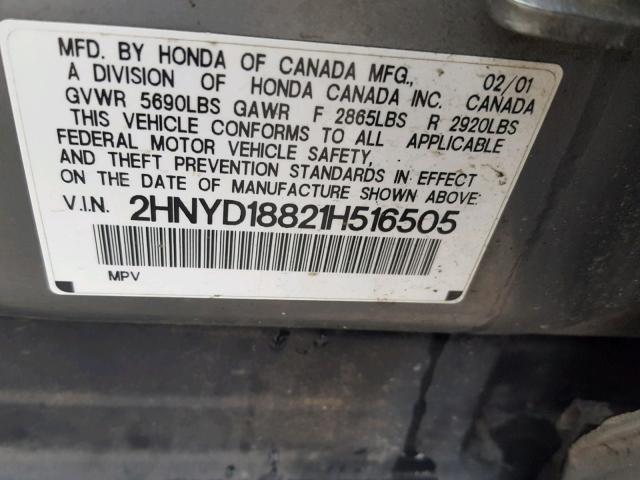 2HNYD18821H516505 - 2001 ACURA MDX TOURIN GRAY photo 10