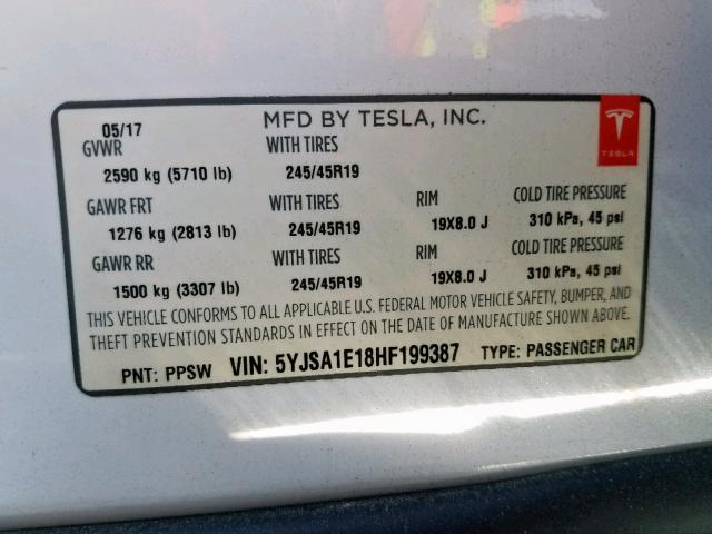 5YJSA1E18HF199387 - 2017 TESLA MODEL S أبيض صورة 10