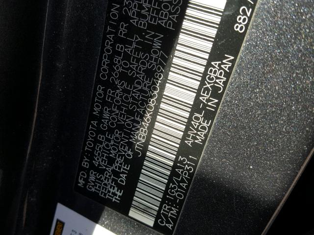 JTNBB46K083048977 - 2008 TOYOTA CAMRY HYBR CHARCOAL photo 10