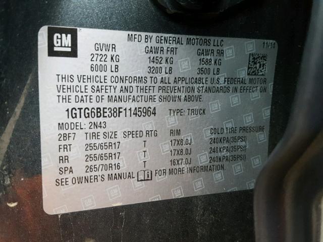 1GTG6BE38F1145964 - 2015 GMC CANYON SLE GRAY photo 10