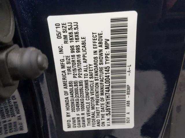 5J6YH1H74AL004145 - 2010 HONDA ELEMENT EX BLUE photo 10