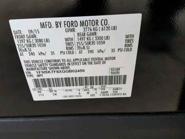 1FM5K7F8XGGB02456 - 2016 FORD EXPLORER L BLACK photo 10